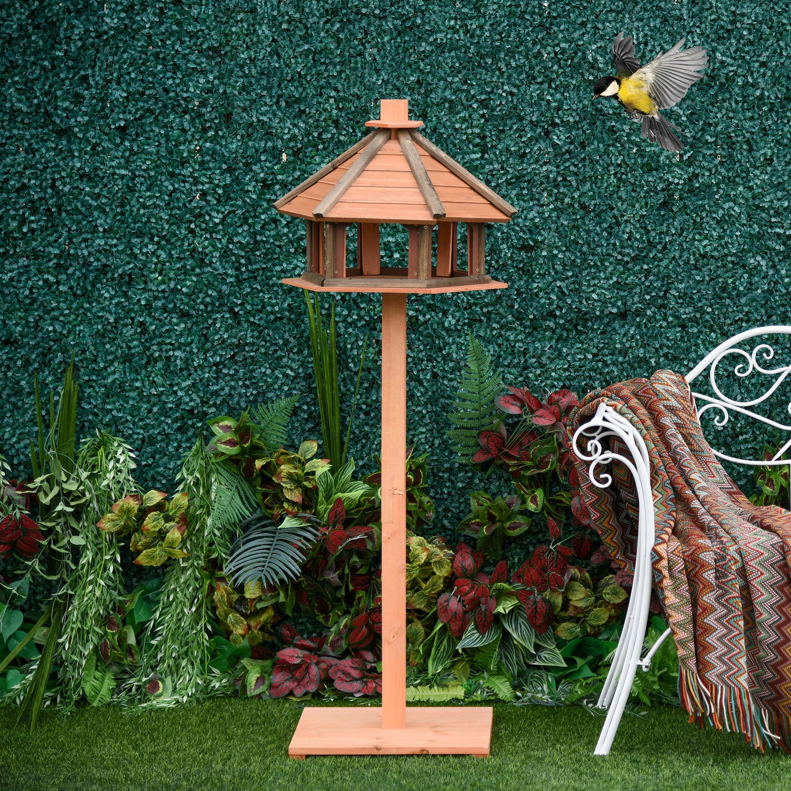Pawhut Wooden Bird Feeder Bird Table With Roof For Outside Use Brown 130cm