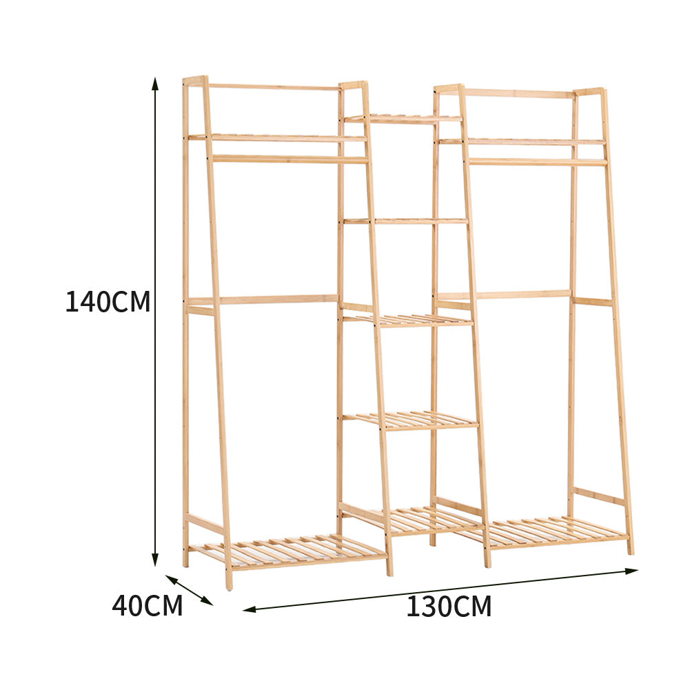 Bamboo Trapezoid Clothing Rack With 5-tier Storage Shelves Multi-functional Clothes Hanging Rack Stand | Natural