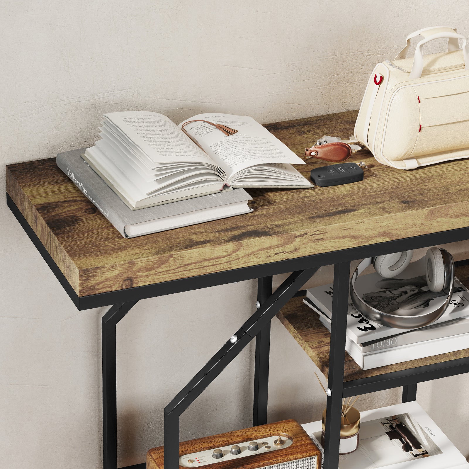 HOMCOM Industrial Console Table, Hallway Table With 4-tier Shelves