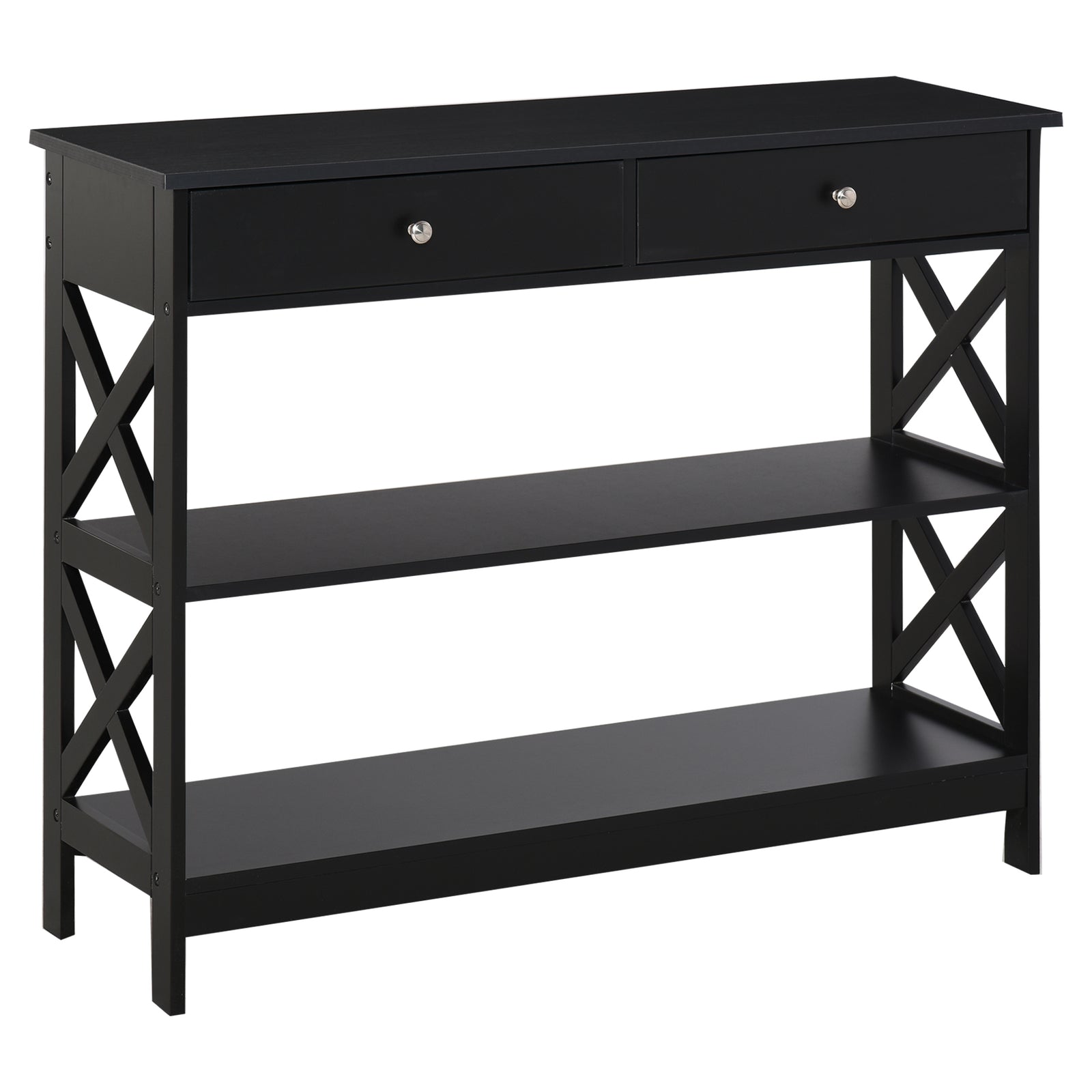 Console Table Side Desk Shelves Drawers Open Top X Support | One Size | Black