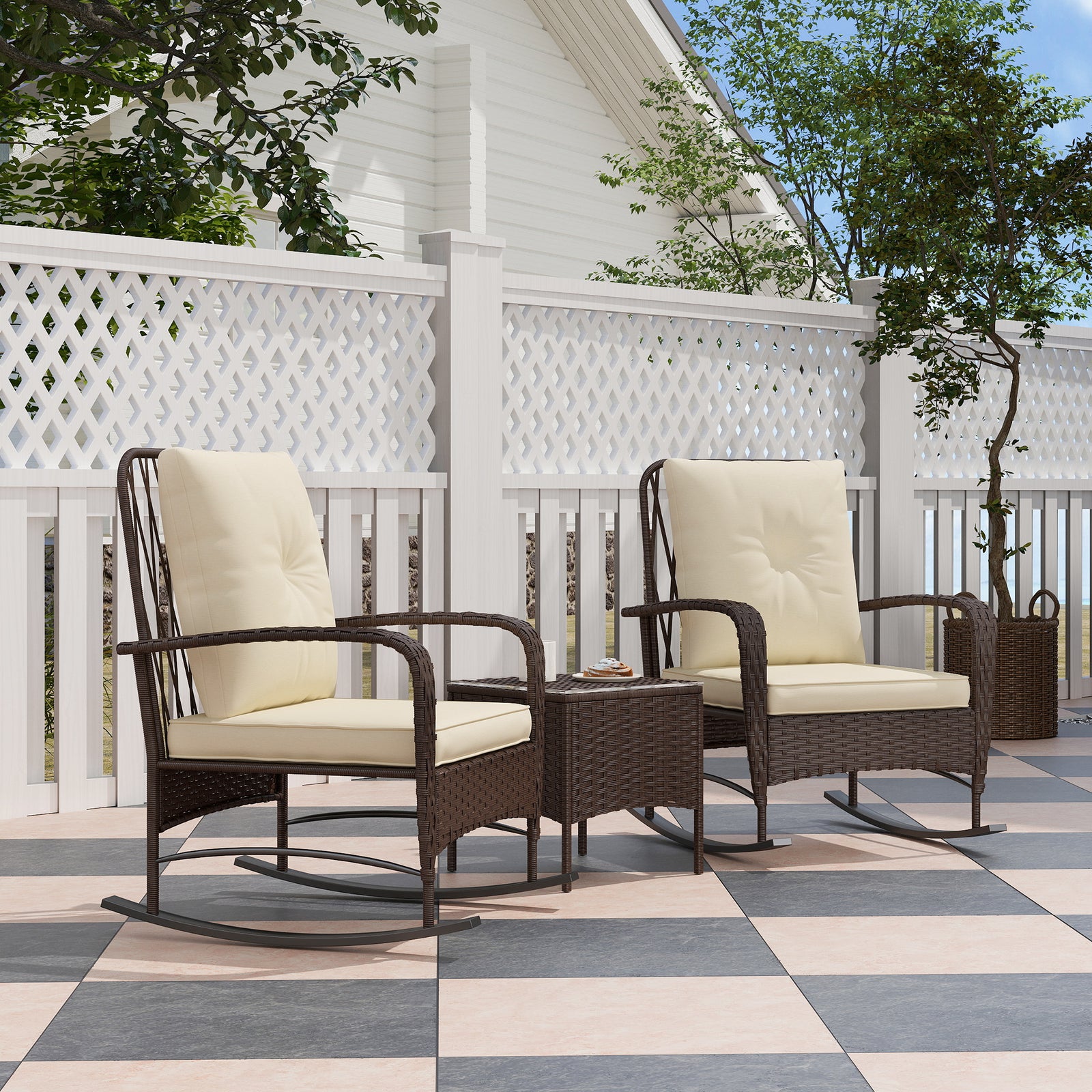 Rattan Bistro Set Balcony Furniture With Rocking Chairs | Brown