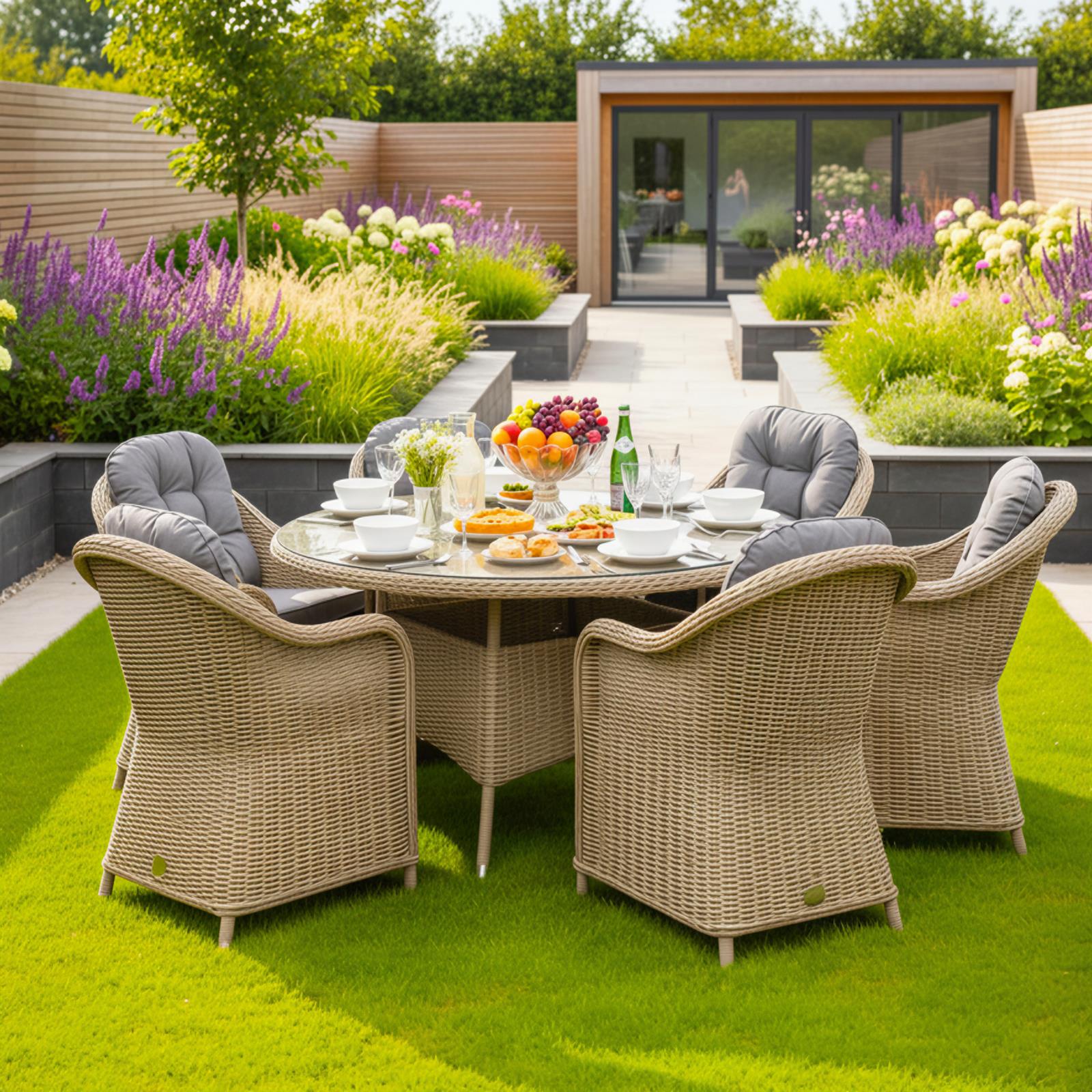 Sicilia Rattan 6 Seat Dining Set In With 120cm Table | Sandy Oak