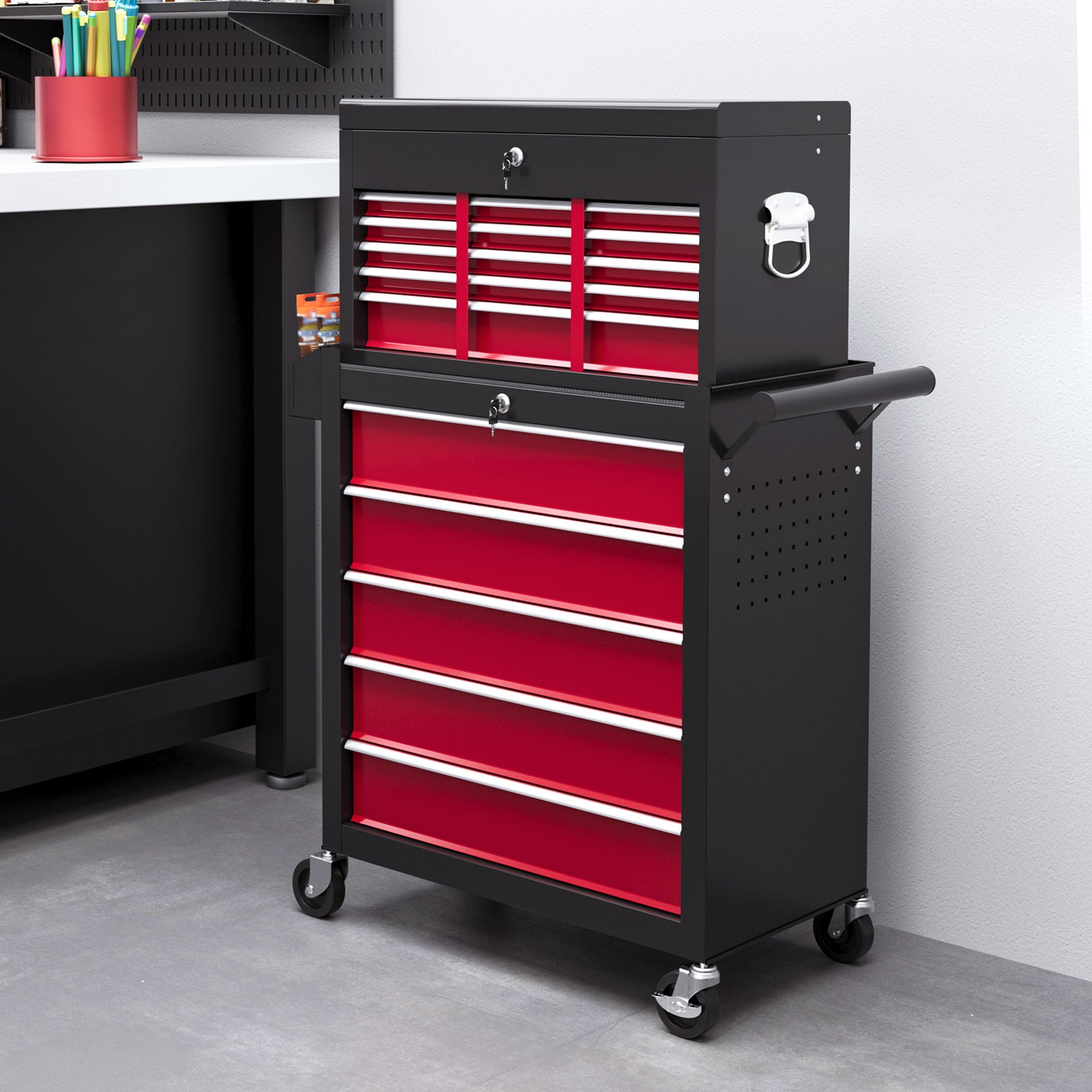 14 Drawer Tool Cabinet, Lockable, Wheels | Red