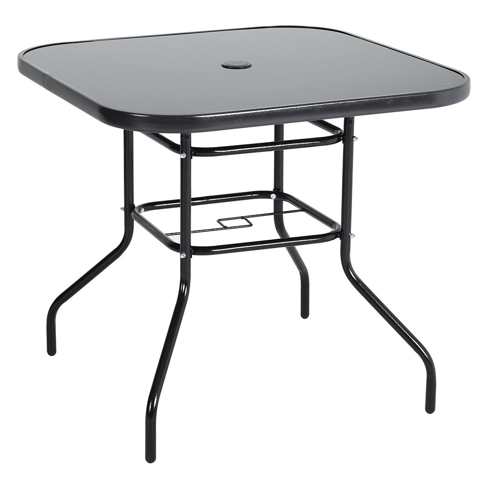 Metallic And Tempered Glass Garden Table With Parasol Hole Outdoor | Medium | Black