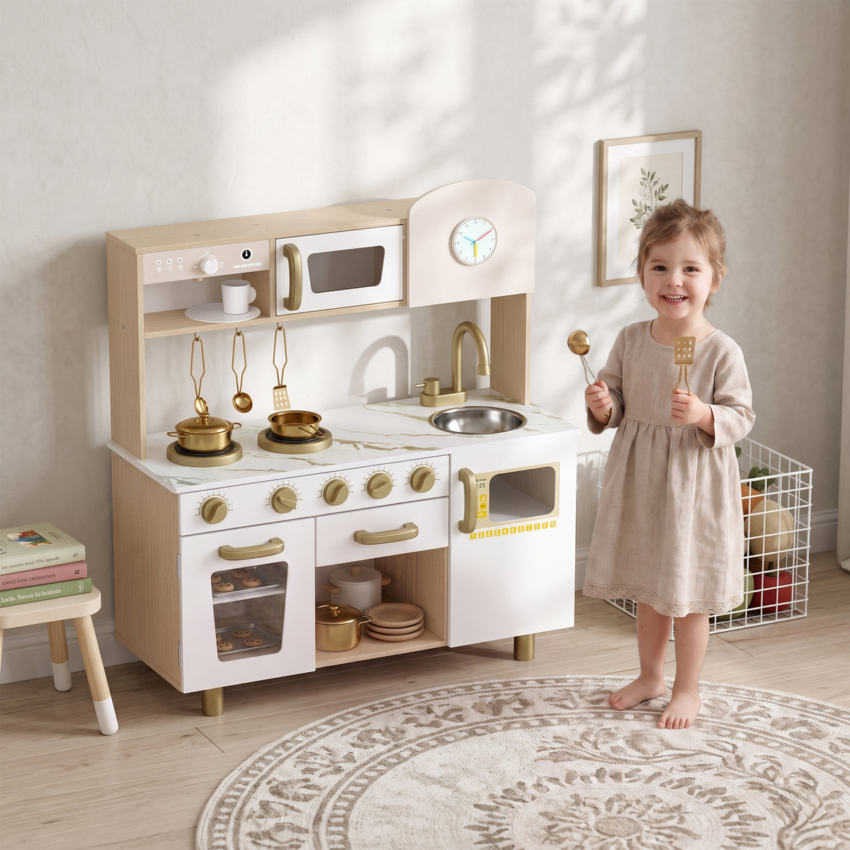AIYAPLAY Kids Kitchen Playset With Rotating Coffee Machine For 3-6 Y, White
