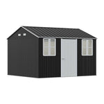 12x10ft Outdoor Metal Storage Shed With Apex Roof Lockable Doors, 2 Transparent Windows & 4 Ventilation Panels