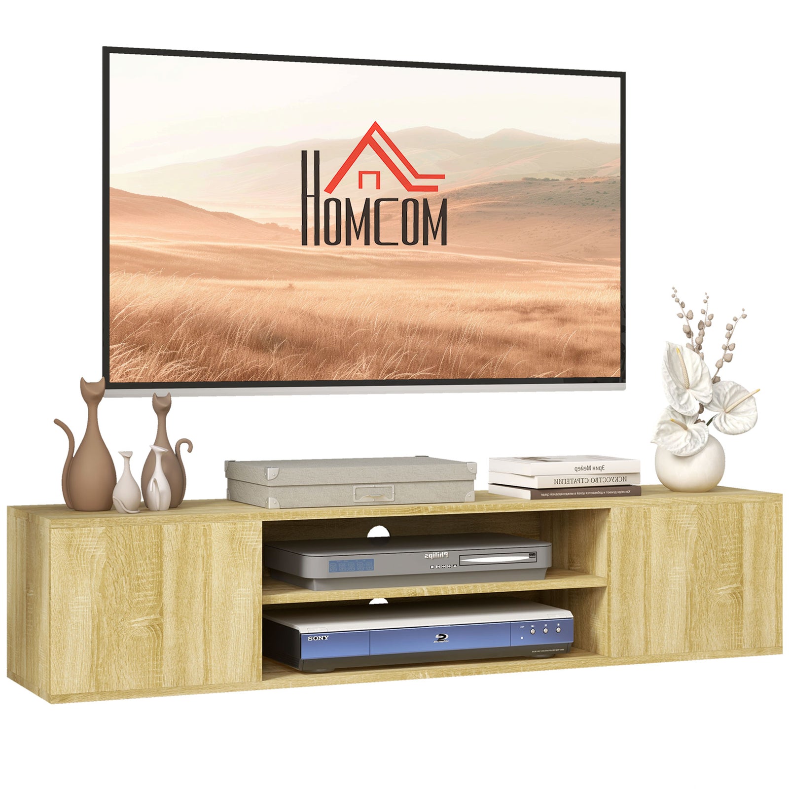 Floating Tv Unit For 60" With Shelves Cabinets | Brown