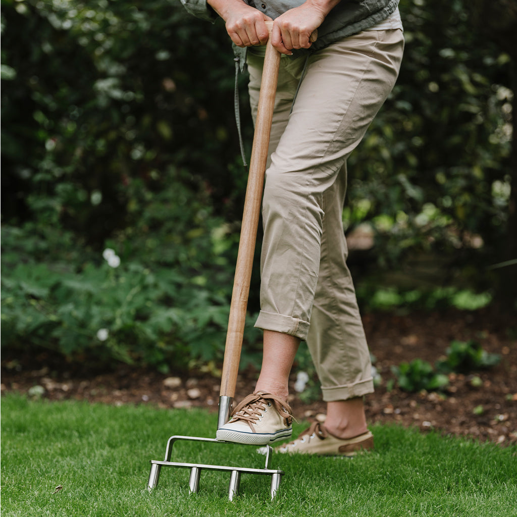Stainless Steel 4-prong Lawn Aerator With Ash Wood Handle