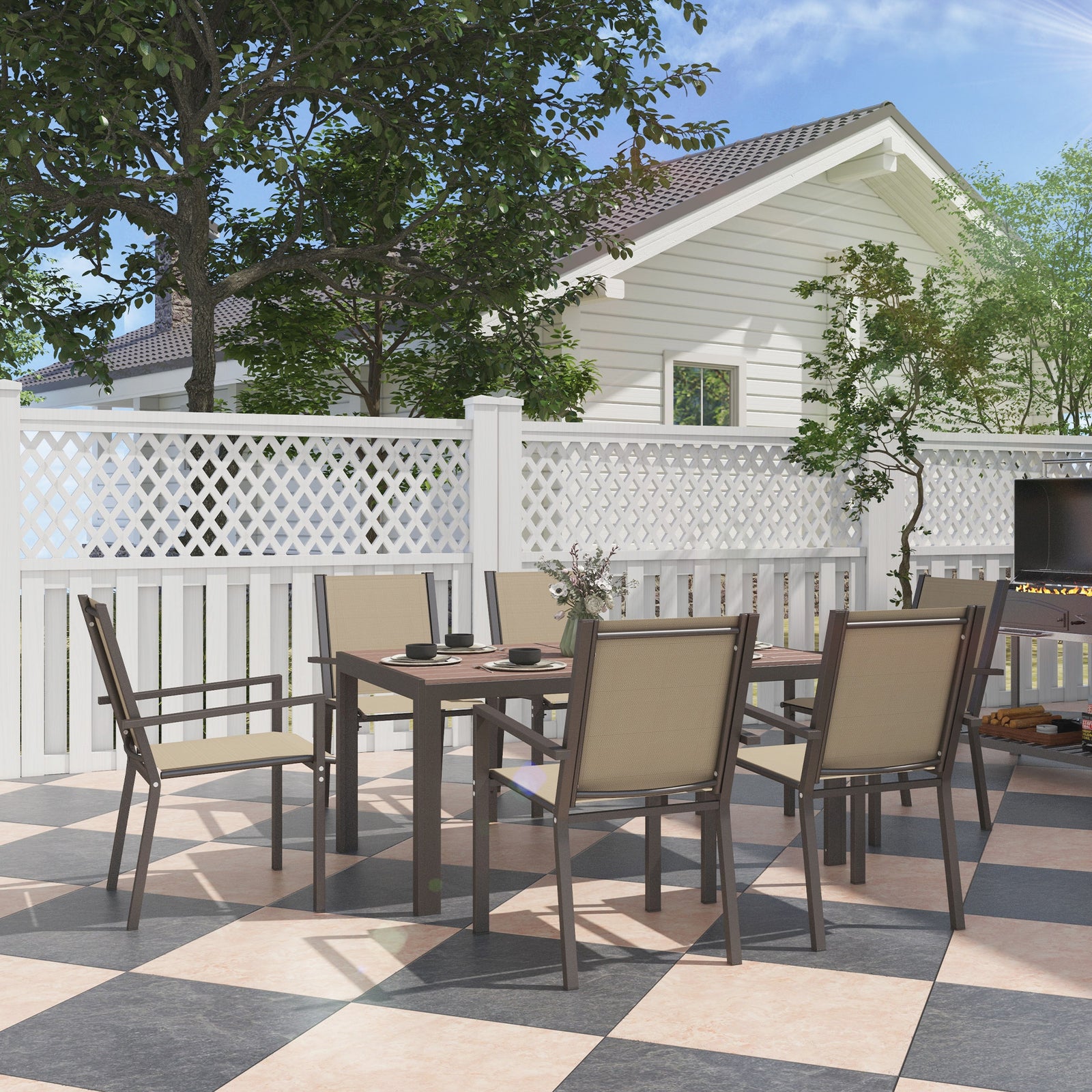 7 Pcs Garden Dining Set, Wood-plastic Table & 6 Chairs | Khaki