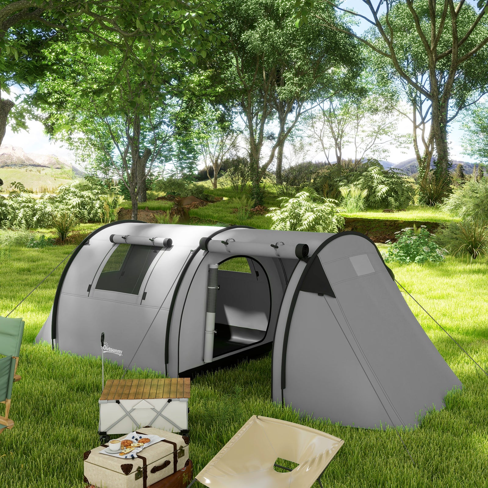 Outsunny 3-4 Man Tunnel Tent, 3000mm Waterproof, Large Family