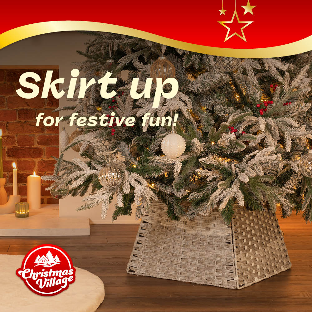 Square Grey Rattan Christmas Tree Skirt With Foldable Base