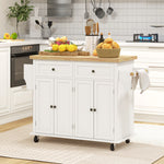 Rolling Kitchen Island Cart With Rubber Wood Top, Spices Cream White