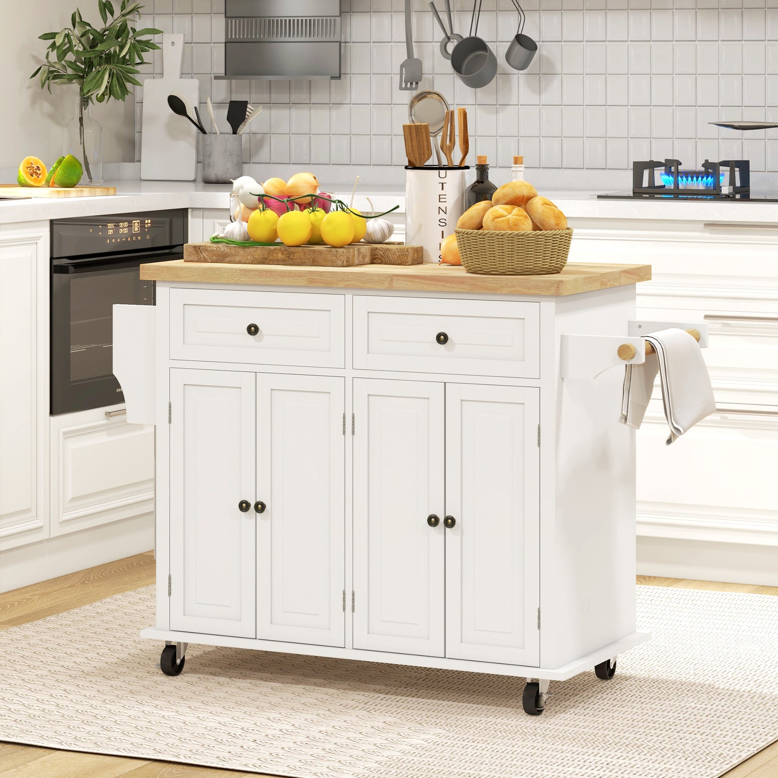 Rolling Kitchen Island Cart With Rubber Wood Top, Spices Cream White