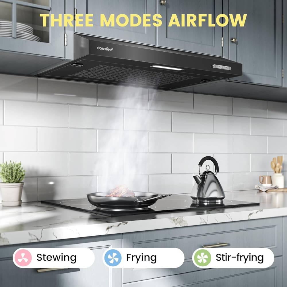 Black 60cm Under Cabinet Wall-mount Cooker Range Hood With 3-speed Modes