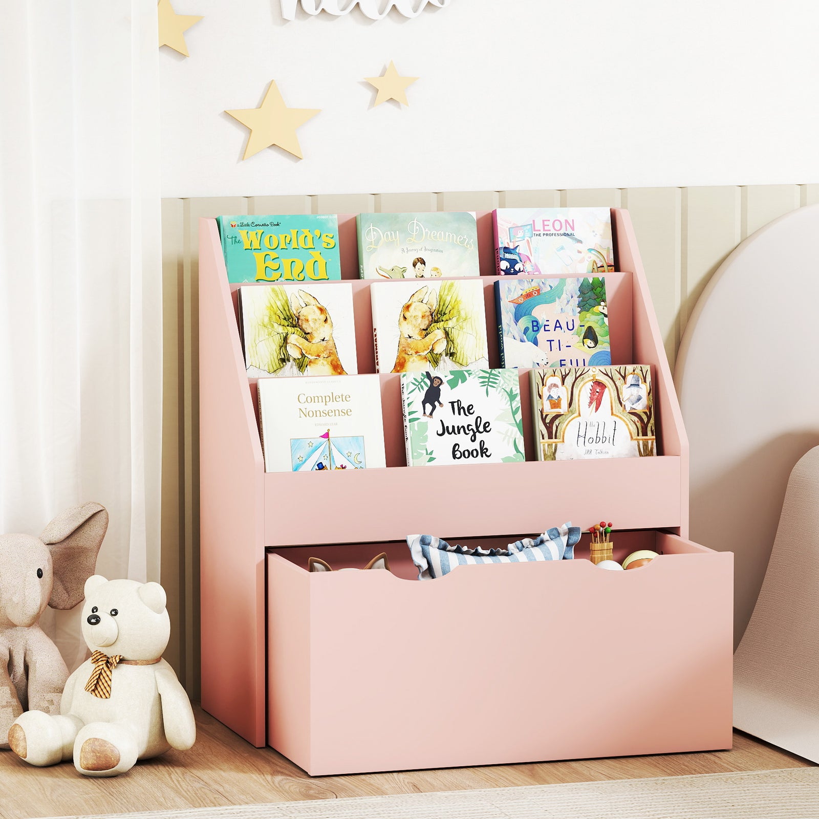 Kids Bookcase W/ 3 Tier Shelves, Drawer, For Bedroom, Nursery | Pink