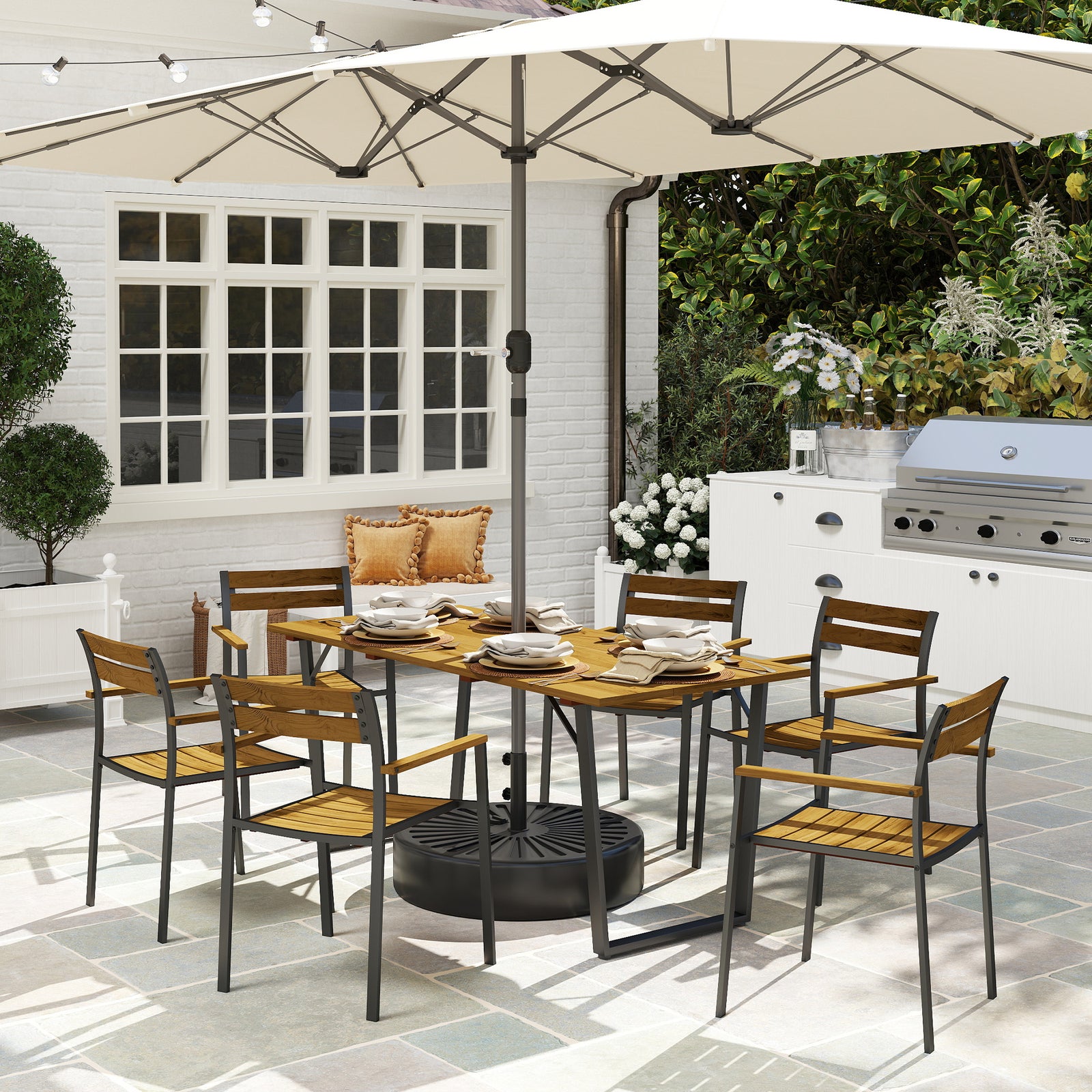 7-piece Fir Wood Set, 6 Stackable Chairs, Brown