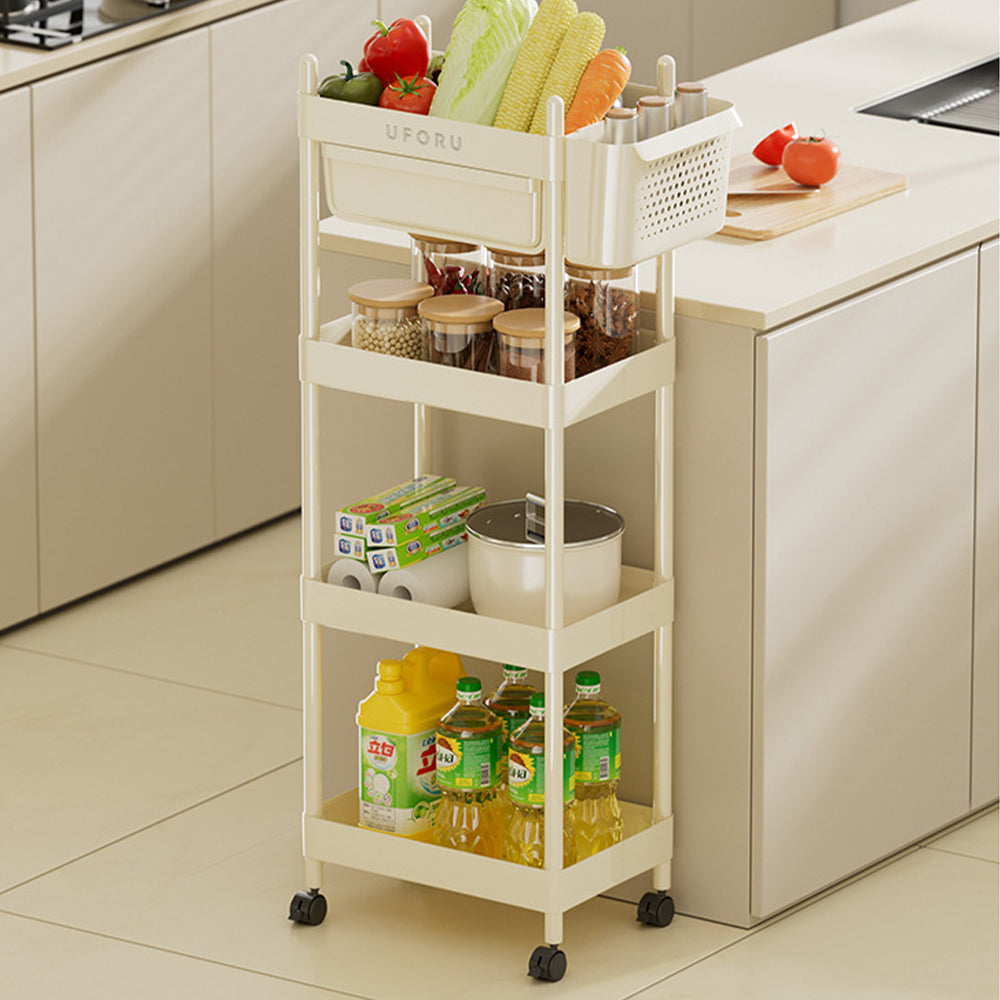 2/3/4-tier Rolling Storage Cart With Lockable Wheels Organizer Trolley With Hanging Baskets & Drawer | Large | Cream