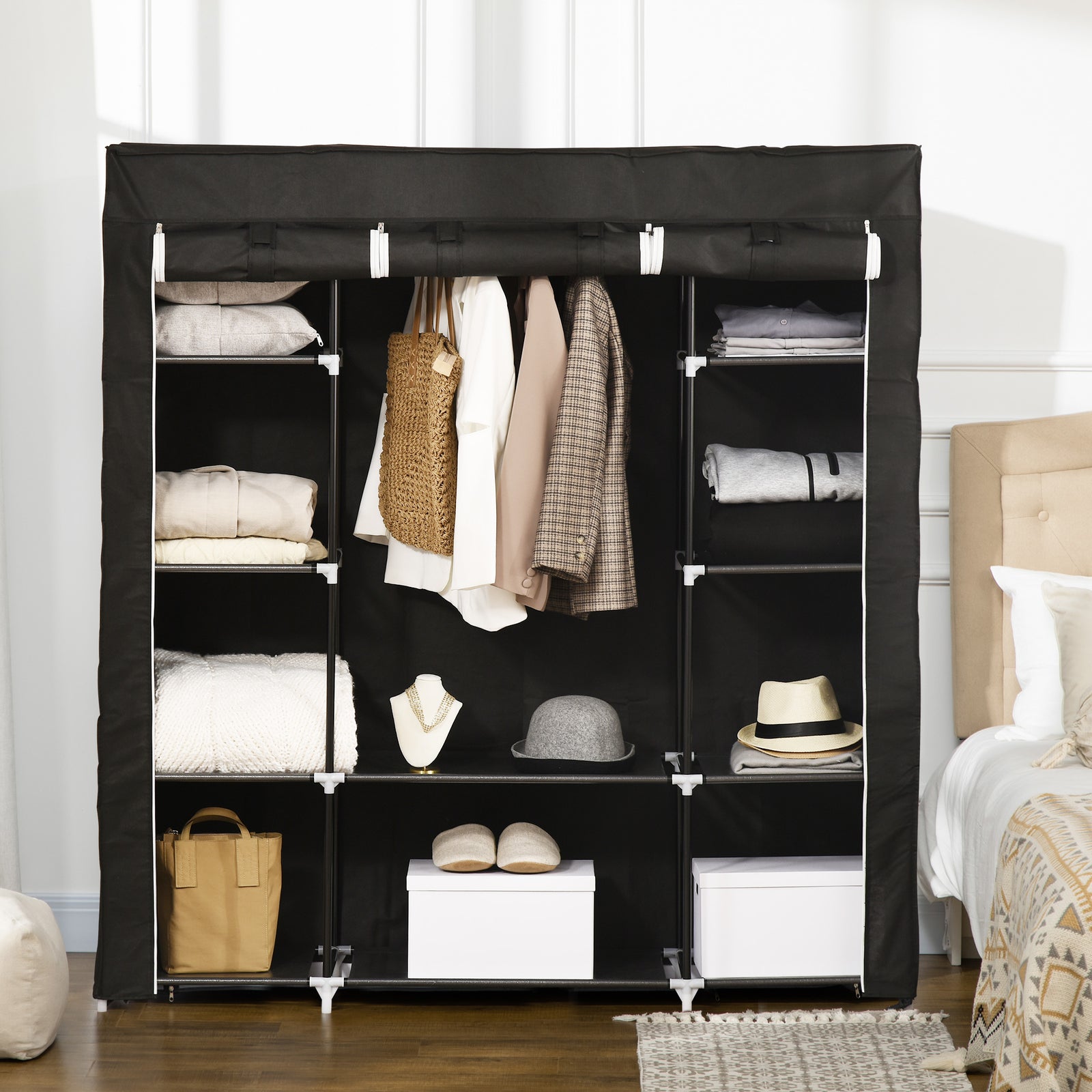 Fabric Wardrobe With 10 Shelves 1 Hanging Rail Foldable