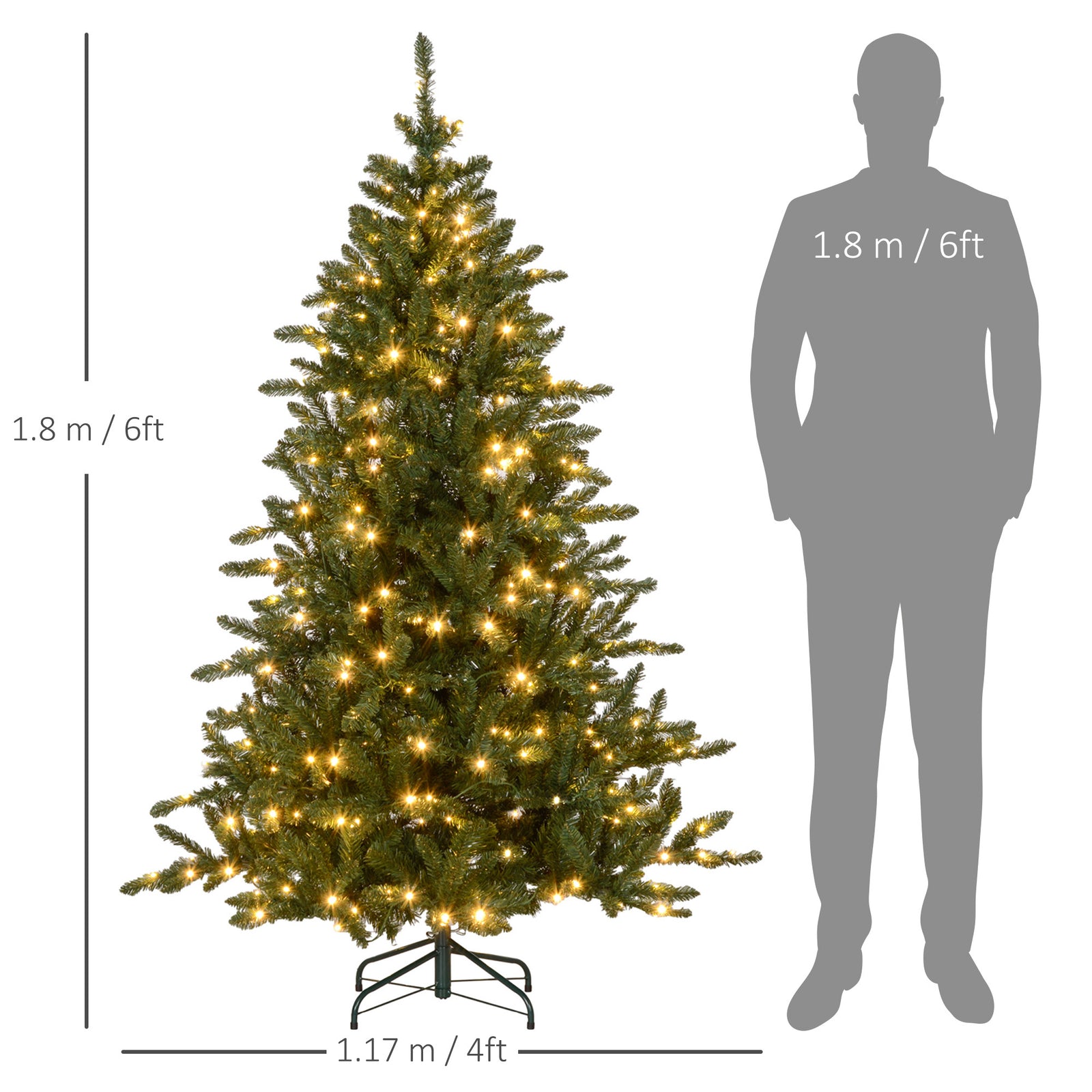 6ft Artificial Christmas Tree With Warm White Led Light, Metal Base