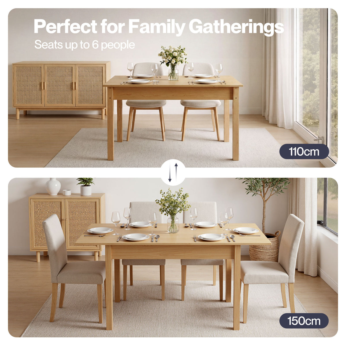 Extendable Dining Table Oak Modern Rectangular Kitchen Table 4-6 Seat | Oak