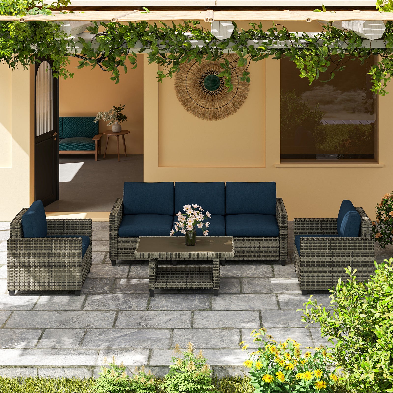 5 Seater Wicker Outdoor Furniture Set For Balcony, Navy Blue