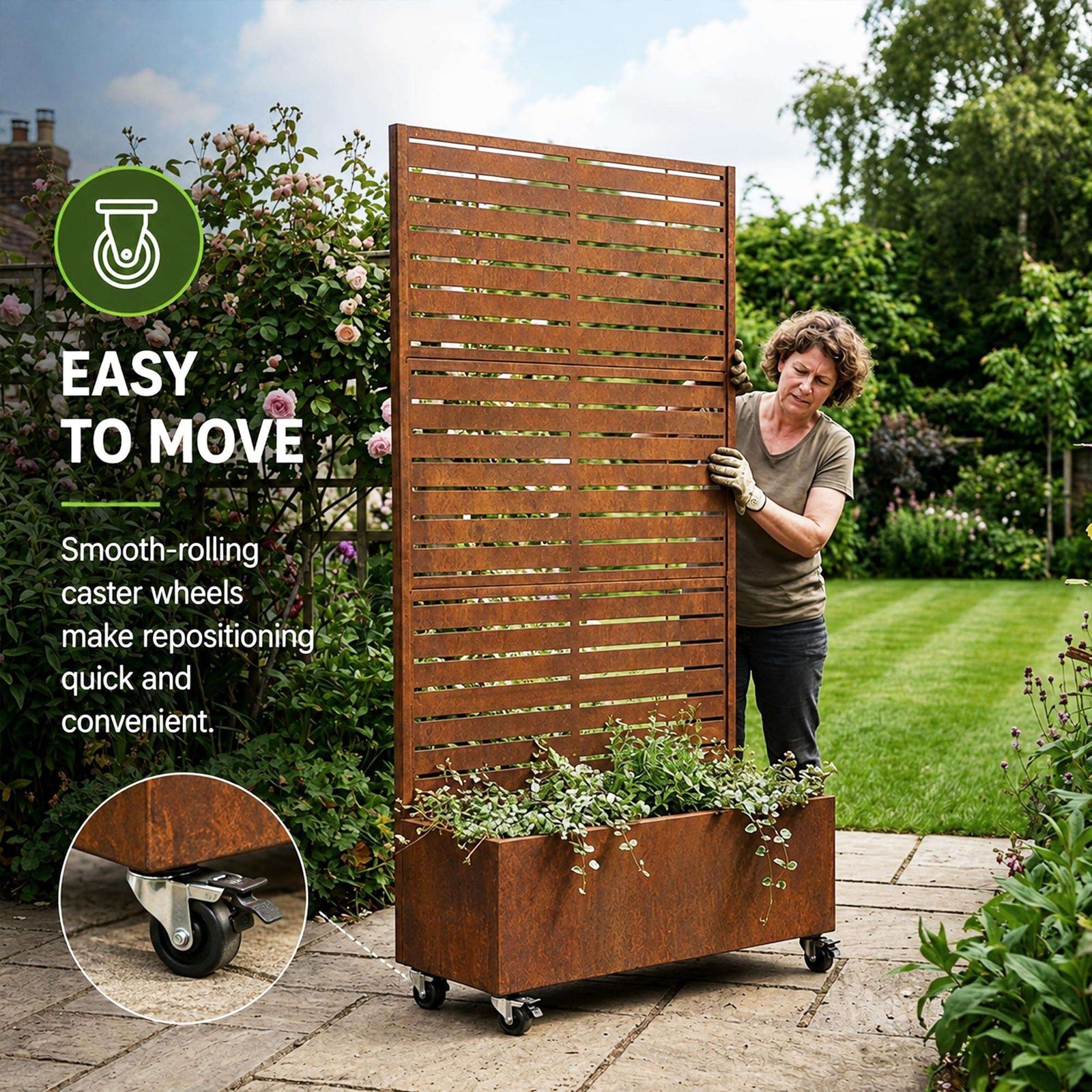 Metal Privacy Screen With Plant Pot - Slat | Rust
