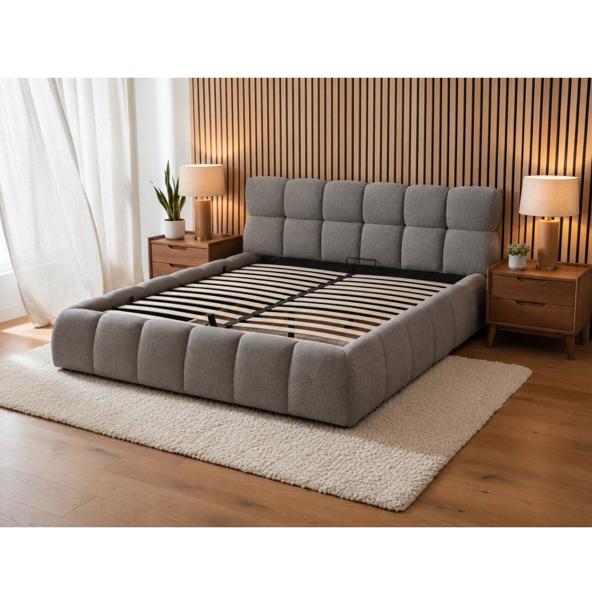 The Maya Upholstered Soft Plush Ottoman Bed Frame | Double | Grey