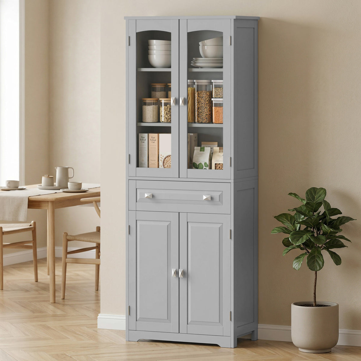 HOMCOM Kitchen Cupboard Storage Cabinet Adjustable Shelves, Glass Door Grey