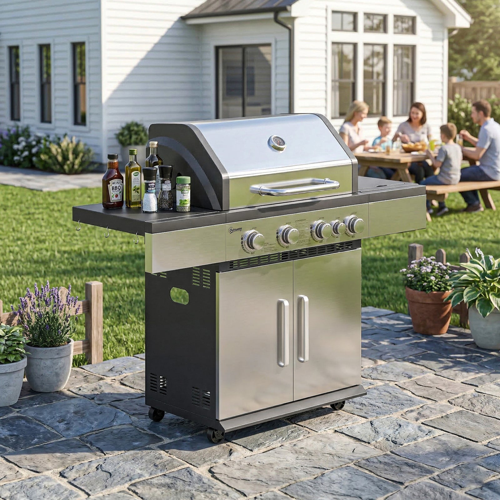 4+1 Burner Gas Bbq Grill, Portable Gas Barbecue Grill