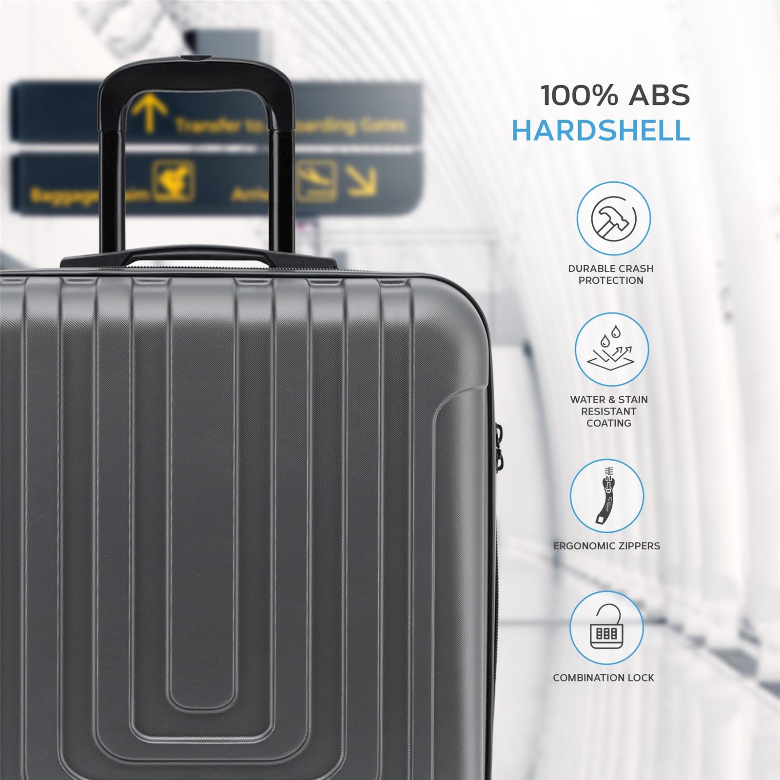 56x45x25cm Large Cabin Carry On Case - Overhead Luggage Suitcase - 4 Spinner Wheels - Abs Hard Shell Cabin Bag | Cabin | Anthracite