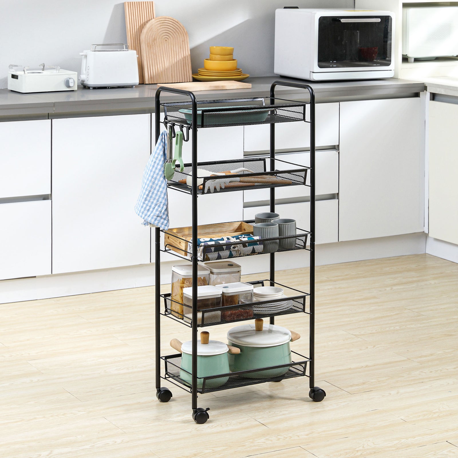 5 Tier Utility Rolling Cart With Removable Mesh Baskets