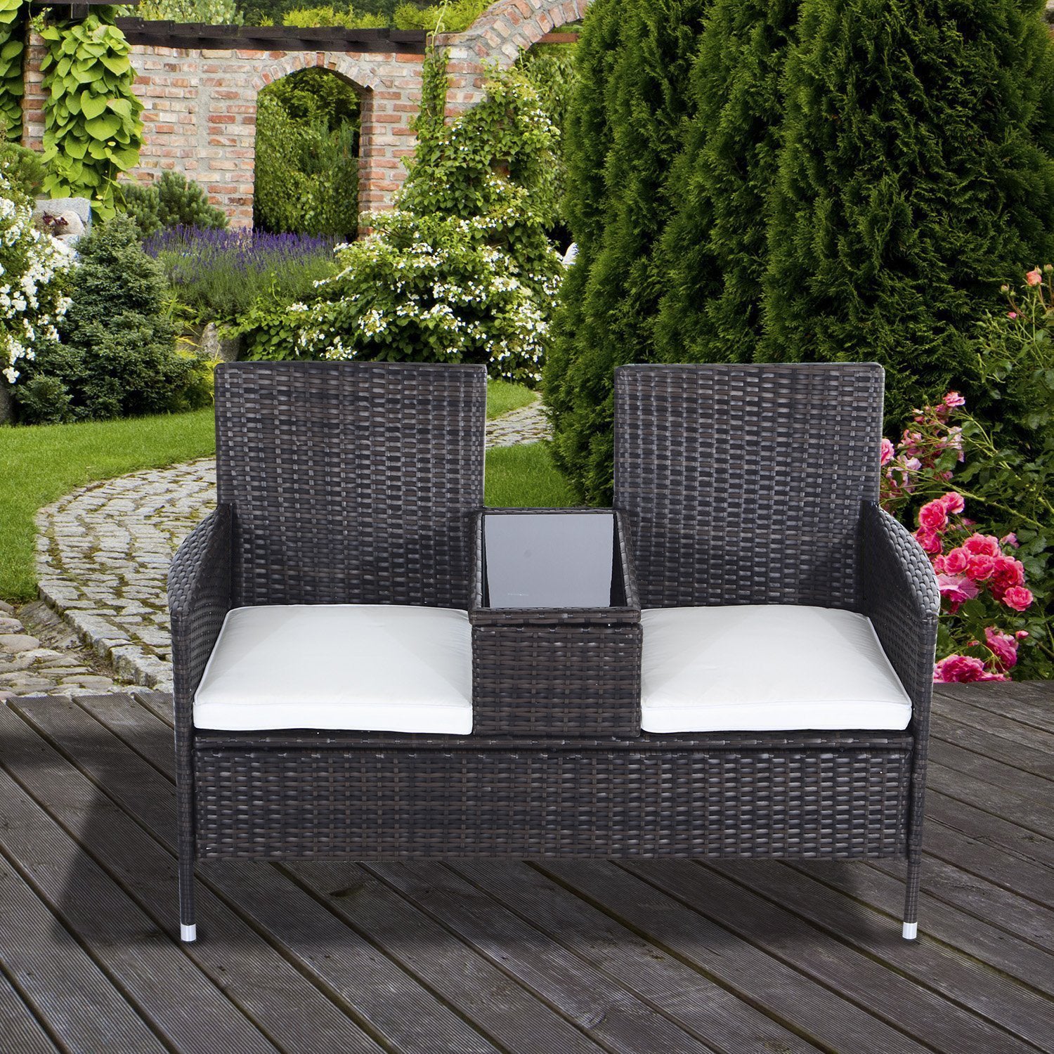 Rattan Chair Garden Furniture Patio Companion Seat Table | Brown