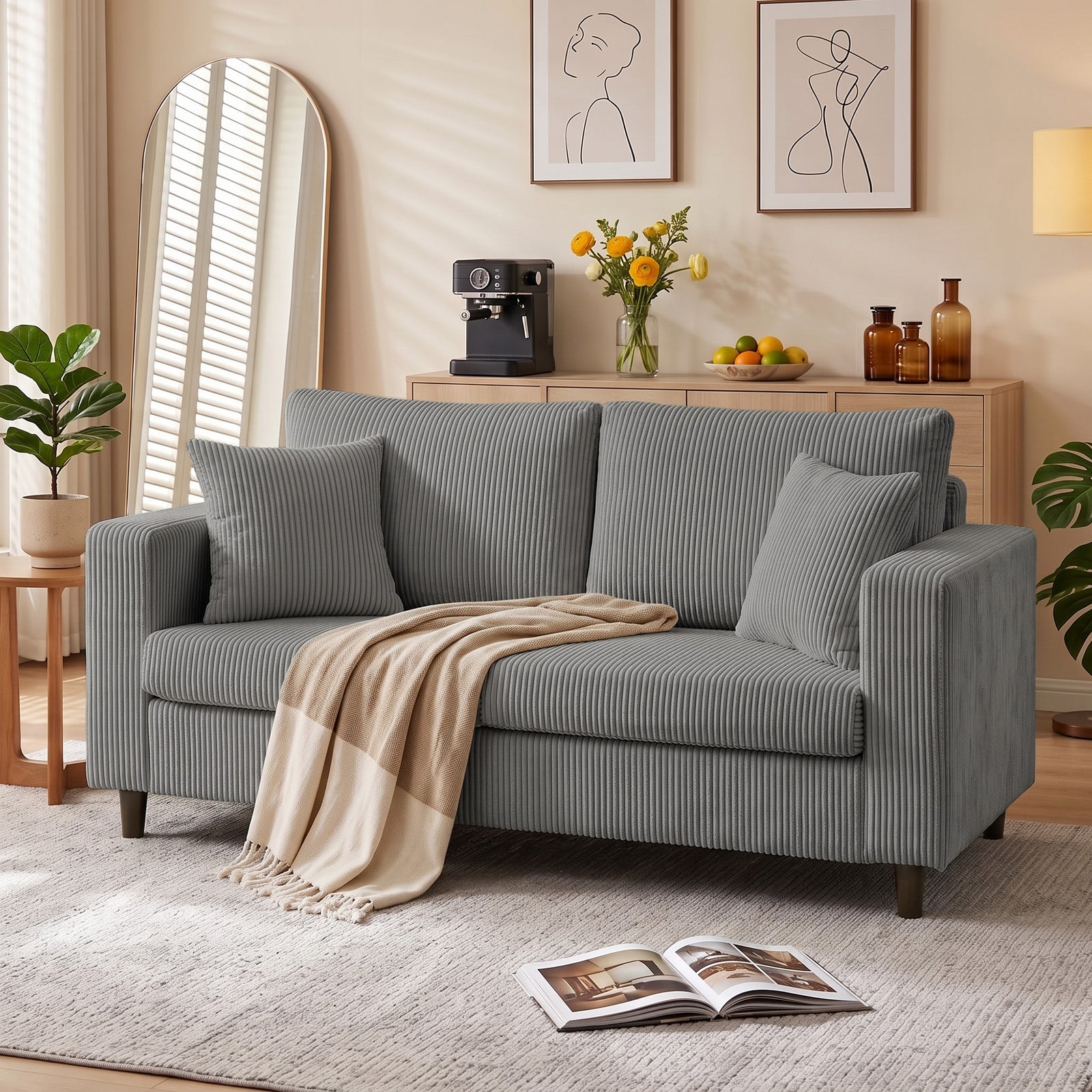 Loveseat Sofa With Wide Seat, Corduroy Upholstered | Light Grey