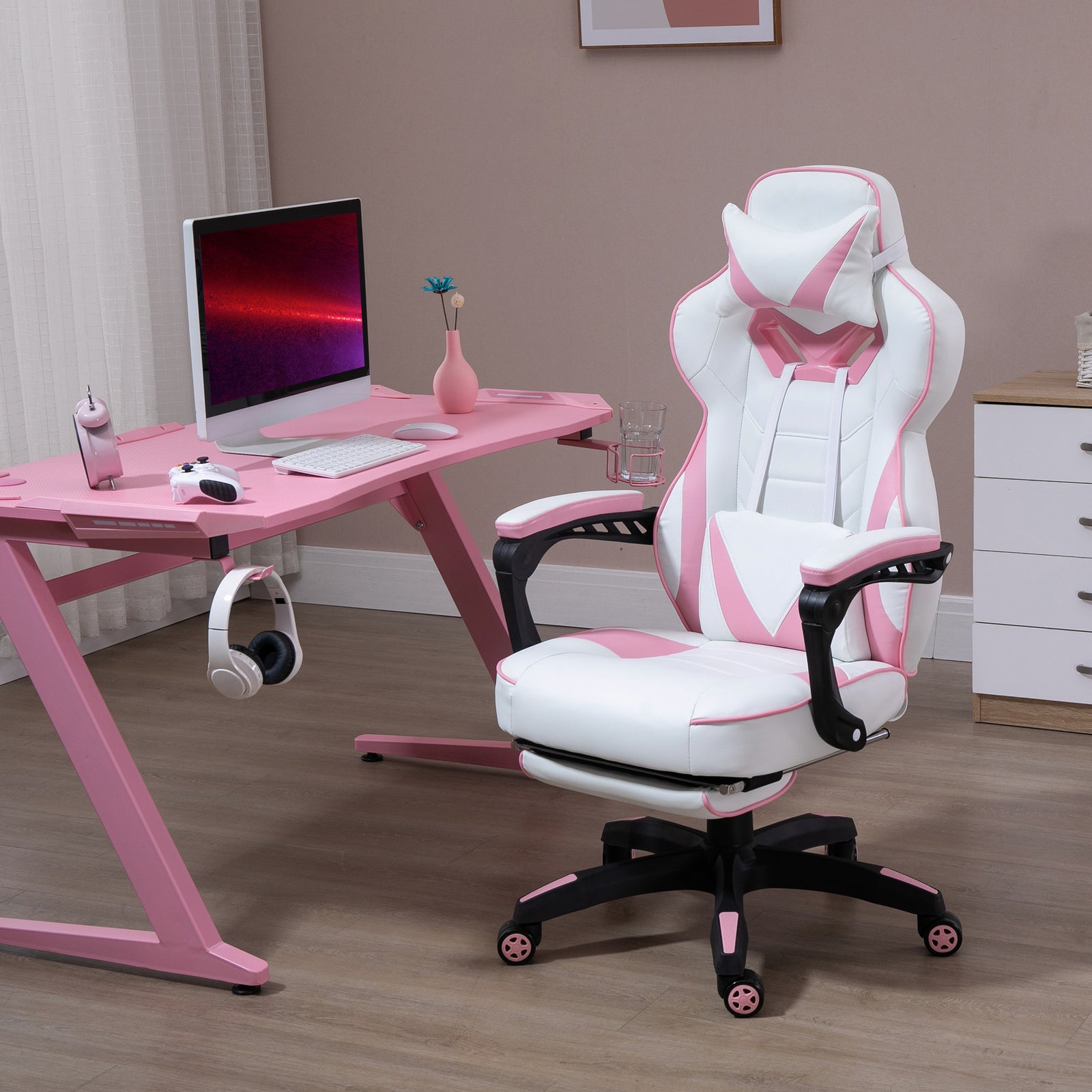 Gaming Chair Reclining W/ Footrest | Pink