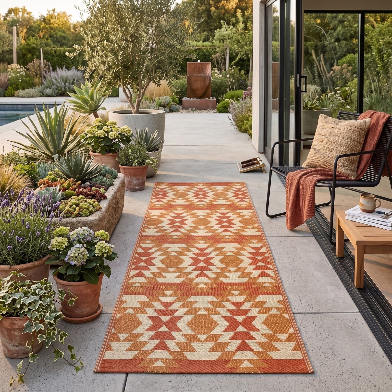 Luxury Outdoor Rug Waterproof Reversible For Garden Patio 100% Recycled, Orange Anya Aztec | 75cm x 200cm | Orange
