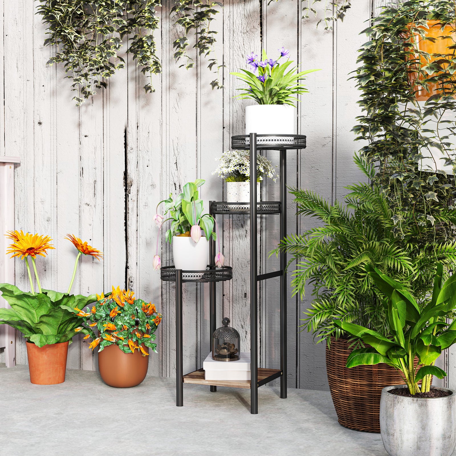 4 Tiered Plant Pot Stand, Metal Plant Shelf For Living Room