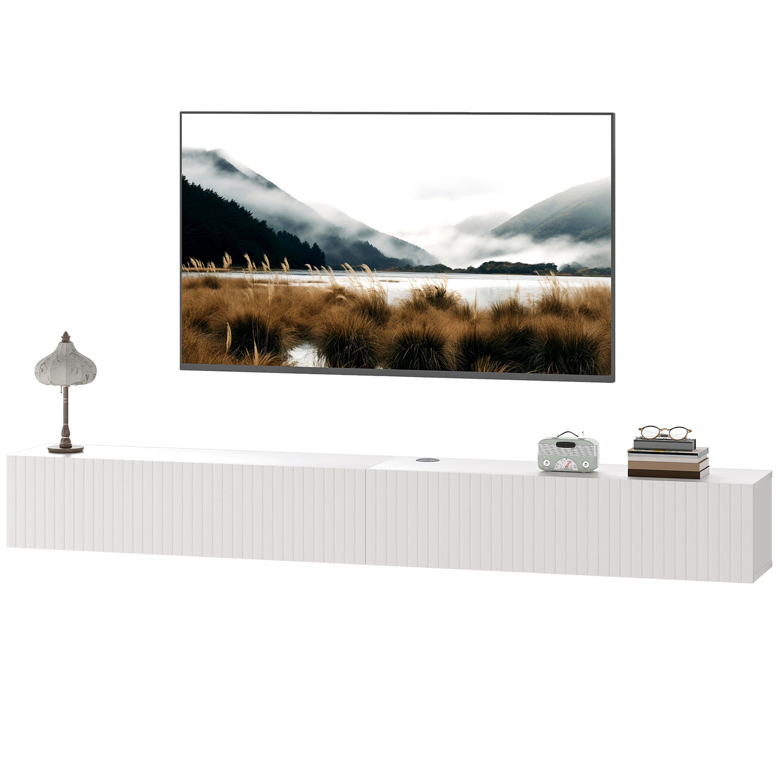 Wall Mount Tv Stand Cabinet With Fluted Flip-down Doors | White