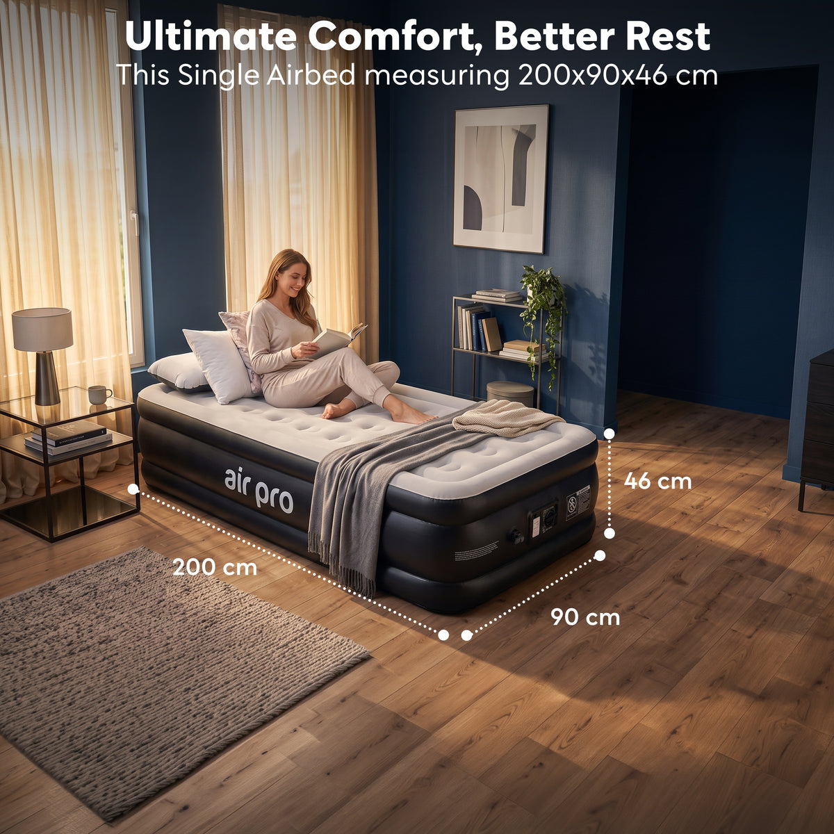 Inflatable Air Mattress With Soft Surface Built-in Electric Pump | Single | Black