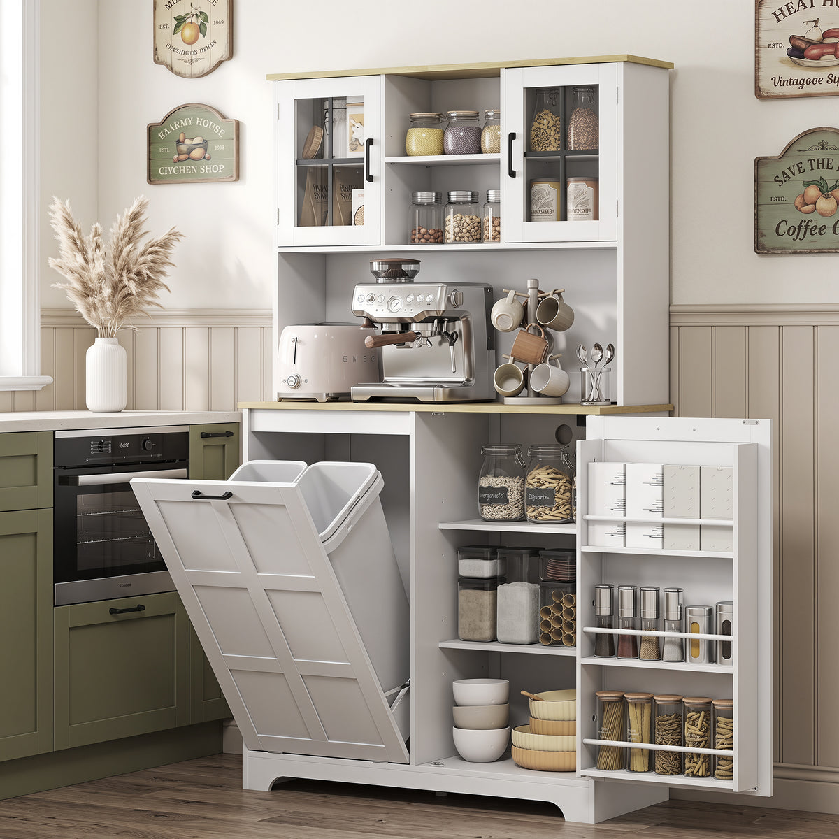HOMCOM 175cm Tall Kitchen Cabinet With Rubbish Bin, White