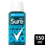 Men Whole Body Deodorant Spray Ocean Rush W/ 72h Odour Control 150ml, 6pk