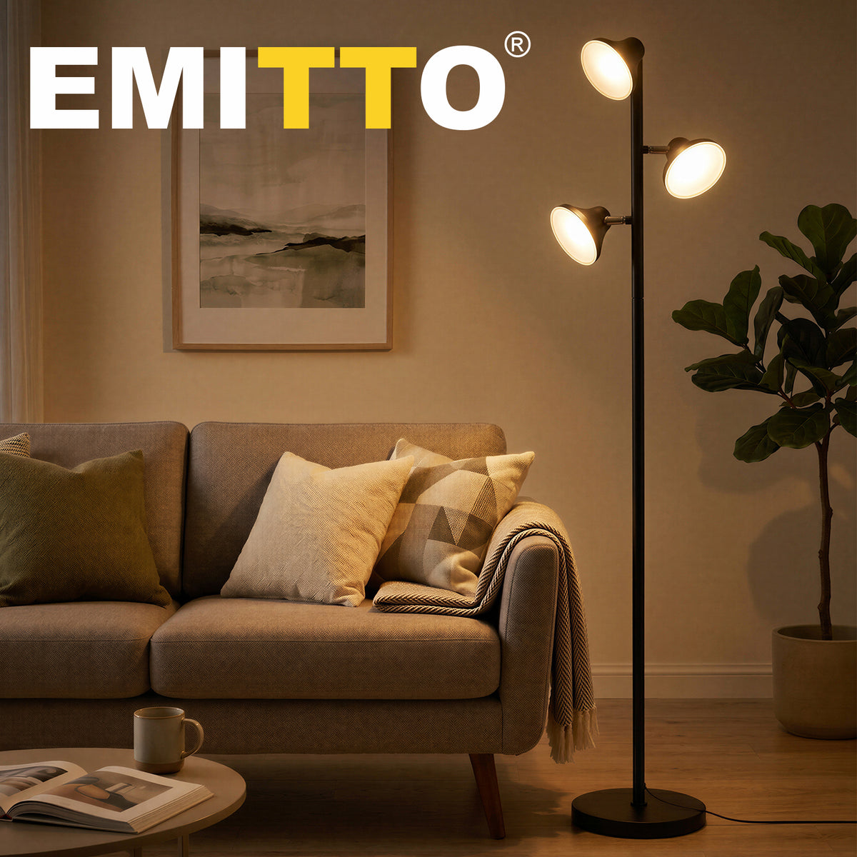 Emitto Floor Lamp, 3-light Dimmable Standing Lamp, Remote Touch, Black