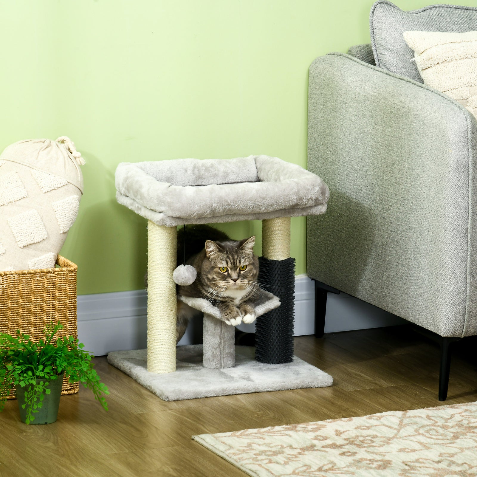 Small Cat Tree Tower W/ Scratching Posts, Bed, Perch, Self Groomer, Toy