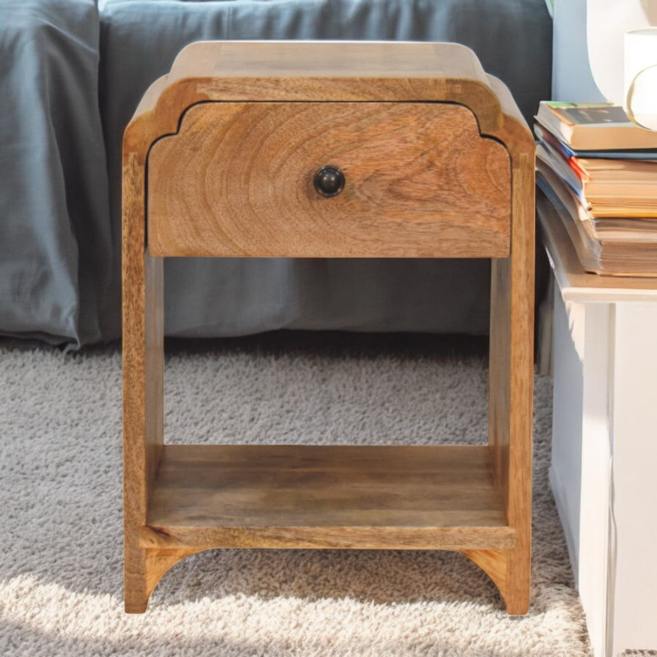 Solid Wood Newton Mini Oak-ish Nightstand With A Drawer And Open Shelf