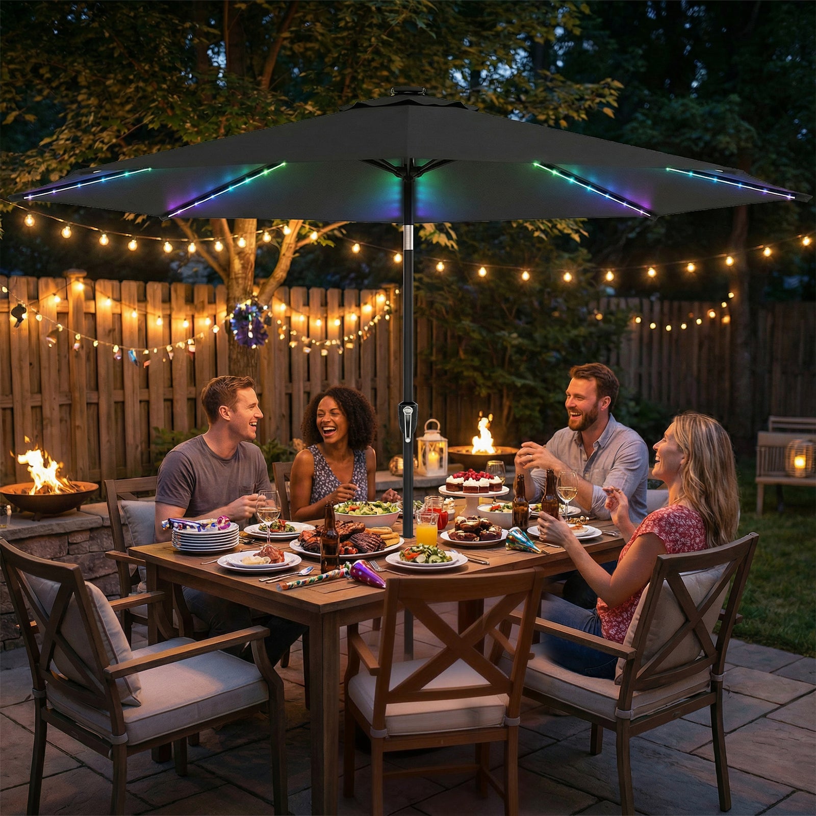 3 M Garden Parasol Umbrella With Led Lights, Patio Umbrella | Grey