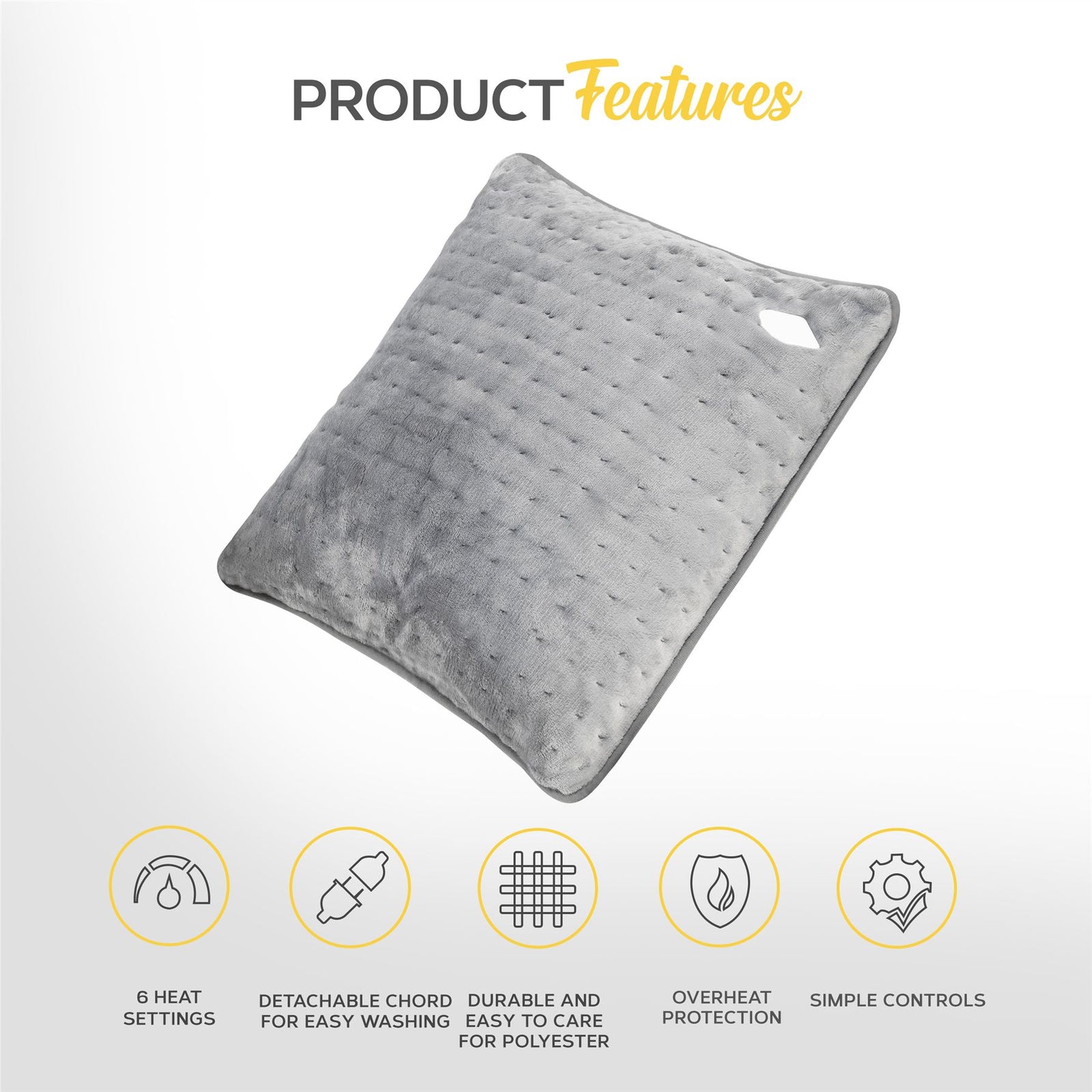 Heated Pillow Grey Cushion - 3 Heat Settings - Detachable Controller | One Size | Grey