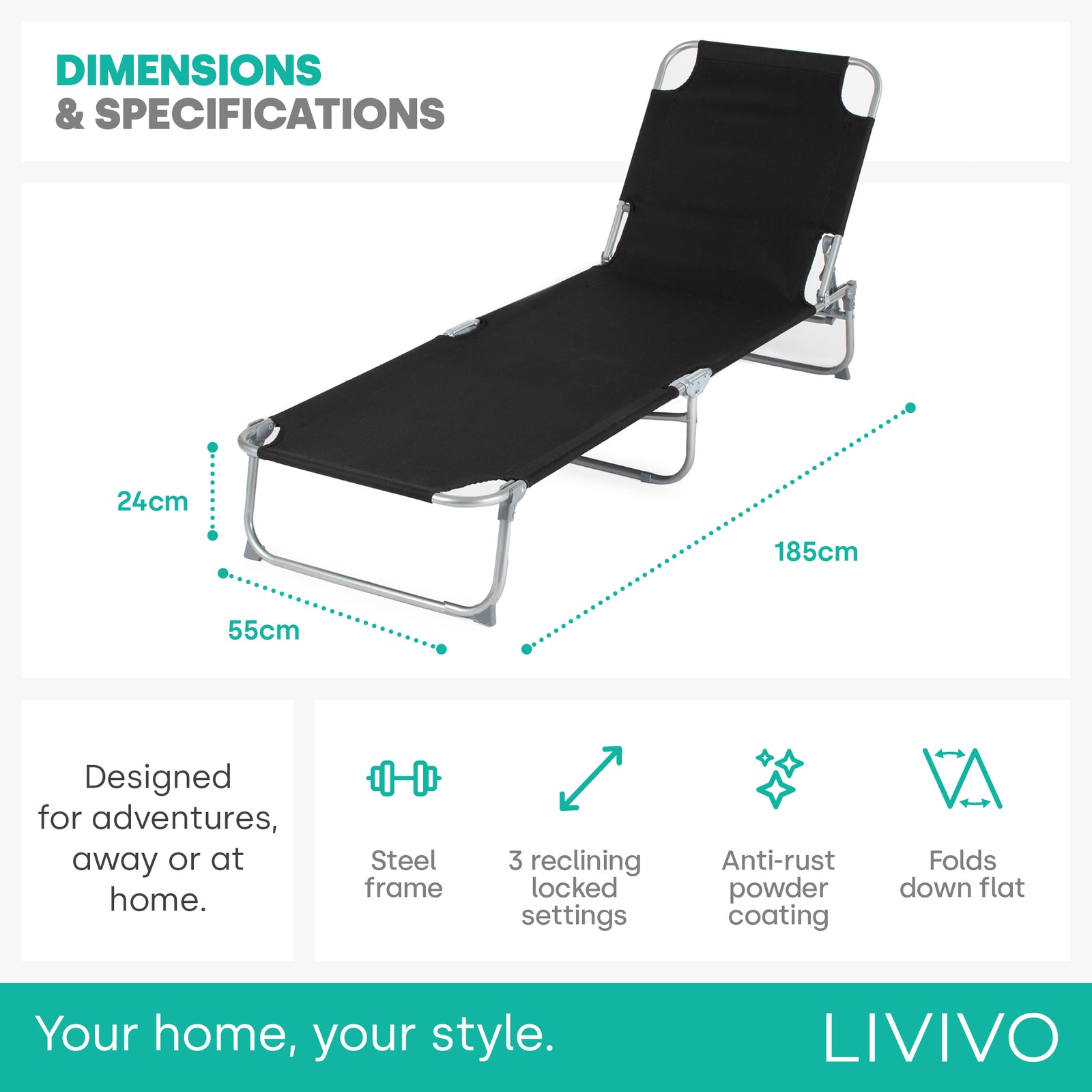 Folding Sun Lounger - Black