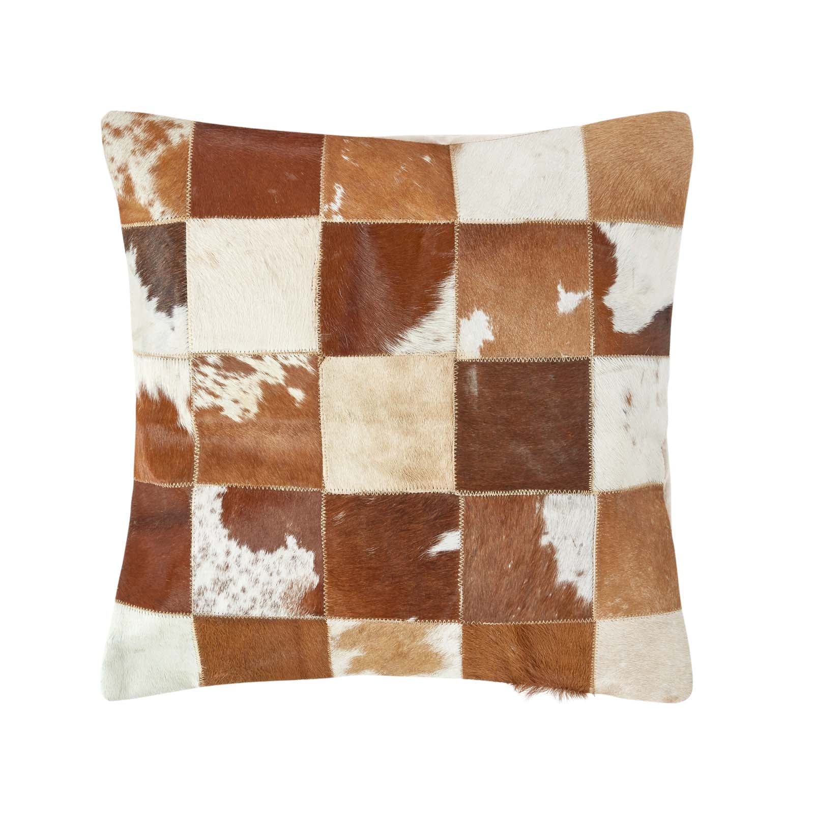 Real Leather & Goat Hair Check Cushion With Feather Filling | 45cm x 45cm | Cream