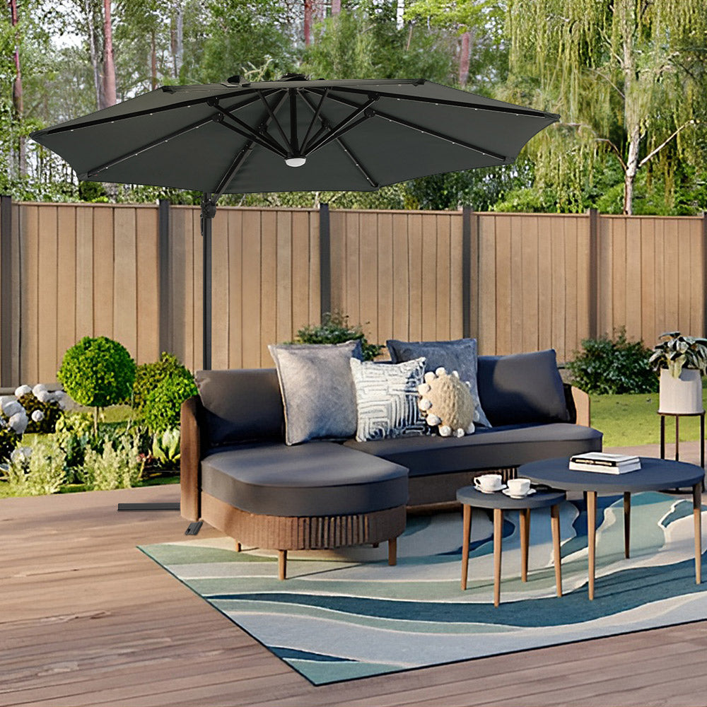 3m Solar Led Cantilever Patio Round Umbrella With 32 Led Lights & Center Light, 360° Rotation With Pu Coating,cross Base Included | One Size | Dark Grey