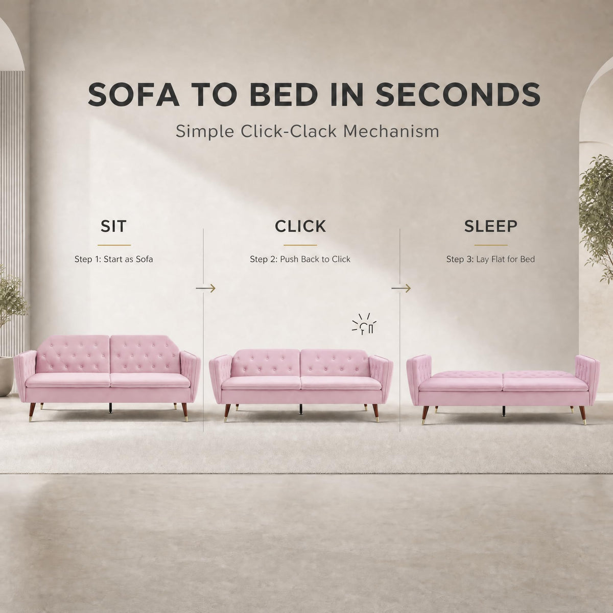 Victoria Velvet Sofa Bed 3 Seater | Pink