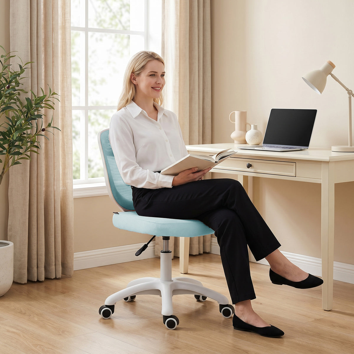 Armless Office Chair With Mesh Back | Light Blue